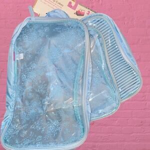 Miamica 3 Piece Packing Cube Set Blue Floral Stripe Travel Luggage Organizers